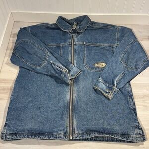 Rare VTG MACGEAR Spell Out Full Zip Denim Jean Chore Jacket 90s Skater Blue L